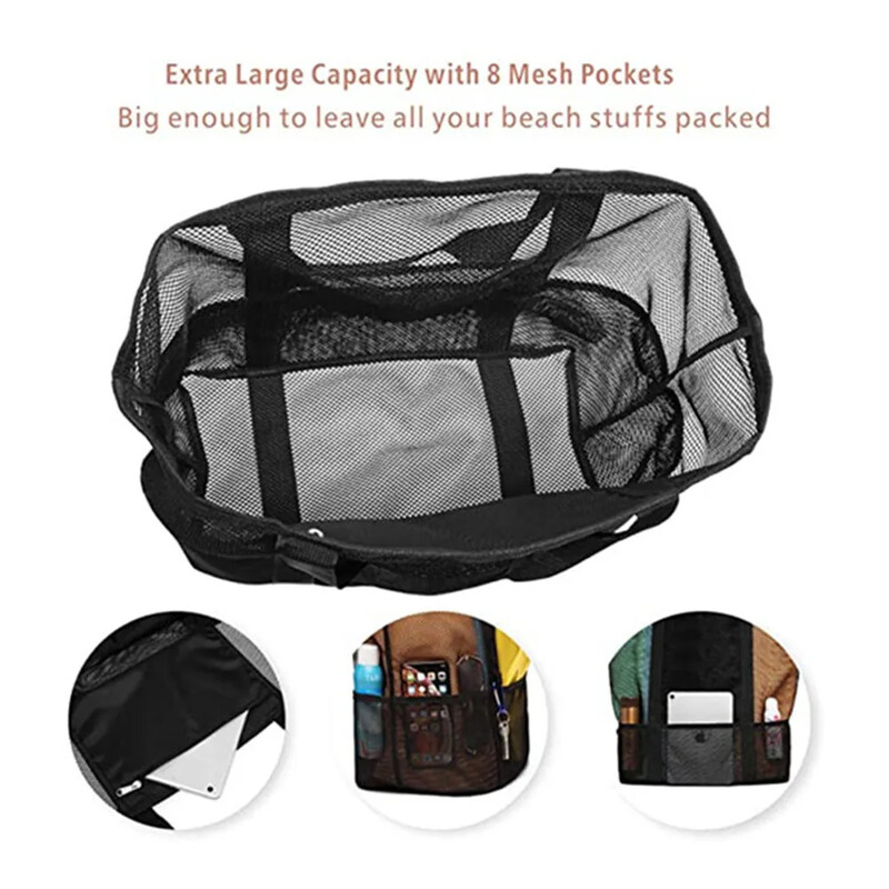 Tinklinis paplūdimio krepšys, atsparus vandeniui, atsparus smėliui – didelis nešiojamasis baseino krepšys moterims, būtini paplūdimio reikmenys