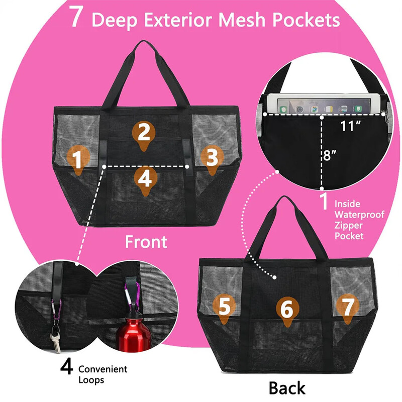 Tinklinis paplūdimio krepšys, atsparus vandeniui, atsparus smėliui – didelis nešiojamasis baseino krepšys moterims, būtini paplūdimio reikmenys