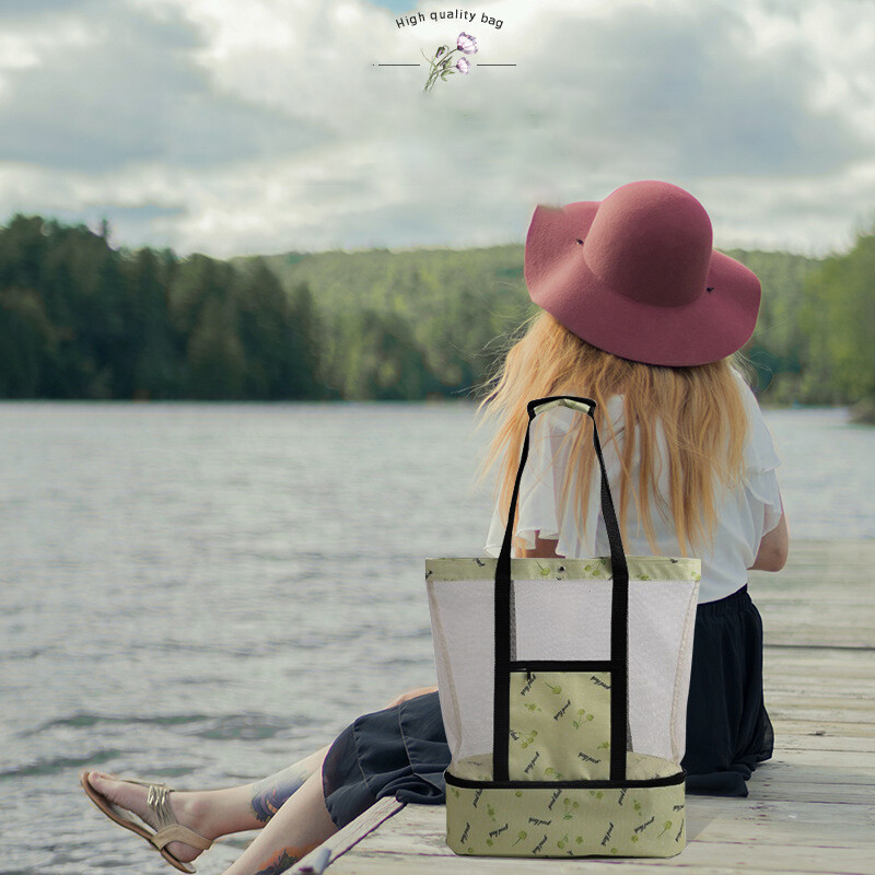 Didelės talpos moteriškas tinklinis skaidrus krepšys Dviejų sluoksnių šilumą išsaugantys dideli paplūdimio krepšiai iškylai