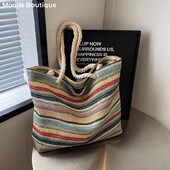 Iš šiaudinio audinio austo dizaino moteriškos rankinės vaivorykštės spalvos, didelės talpos vasaros paplūdimio antpečių krepšys Kasdieninės rankinės važinėjant į darbą ir atgal