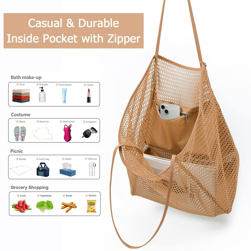 Madingas paplūdimio krepšys tinklinis Didelės talpos vieno peties krepšys vyrams ir moterims, nešiojamas skalbimo maudymosi drabužių laikymo krepšys