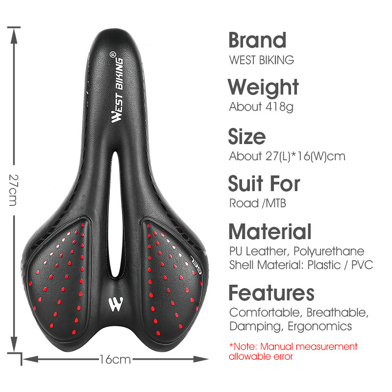 WEST BIKING MTB dviračio balnas kalnų plento dviračio sėdynė PU odinė dviračių pagalvėlė Patogus geliu užpildytas smūgiams atsparus dviračio balnas