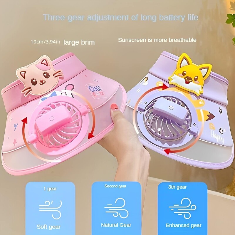 Päikesevisir koos ventilaatoriga lastele Päikesesirmi müts koos ventilaatoriga ventilaatoriga 3 käiguga tuulekiirus ja USB laetav suure ala päikesekaitse