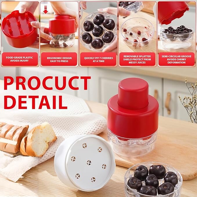 „7-in-1“ vyšnių ąsočio įrankis – nešiojamas nuspaudžiamas vyšnių sėklų valiklis be rankenos, skirtas virtuvės iškylų įrankiui