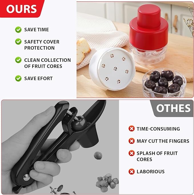„7-in-1“ vyšnių ąsočio įrankis – nešiojamas nuspaudžiamas vyšnių sėklų valiklis be rankenos, skirtas virtuvės iškylų įrankiui