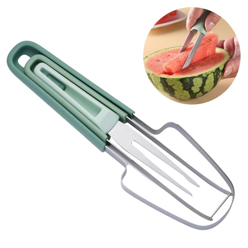 Nerūdijančio plieno arbūzų pjaustytuvų rinkinys – 3 viename vaisių drožimo peilis, meliono šakutė ir pjaustymo įrankis, skirtas stovyklavimo virtuvės reikmenims