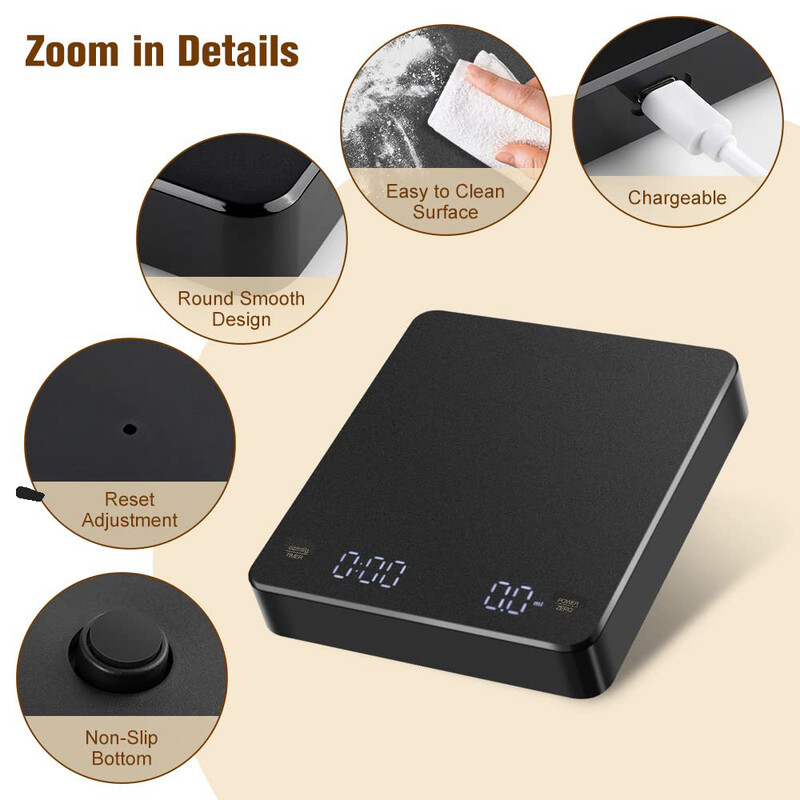 Skaitmeninės kavos svarstyklės su laikmačiu LED ekranu Espresso USB 3kg Maks.svoris 0,1g Didelio tikslumo matmenys oz/ml/g virtuvės svarstyklės