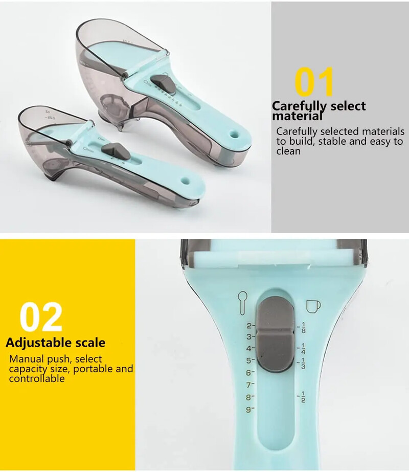 Virtuviniai reguliuojami matavimo puodeliai ir šaukštai Plastikinis kaušelis su magnetu / Sausų ir skystų ingredientų virtuvės įrankiams