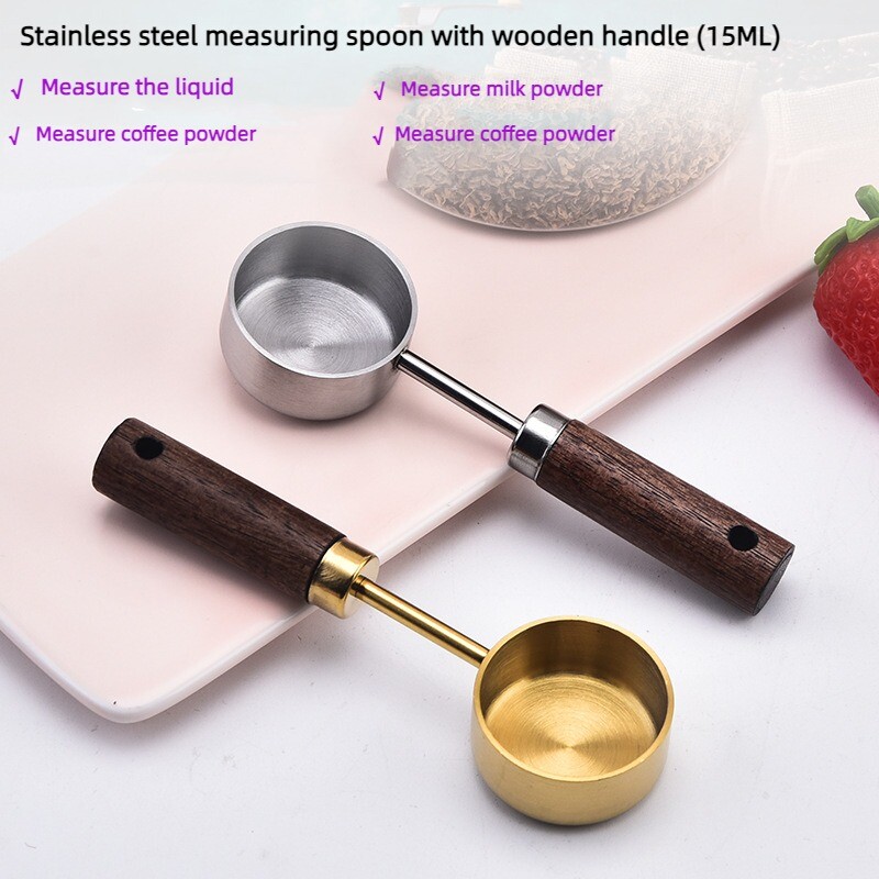 Medinės rankenos nerūdijančio plieno matavimo šaukštas 15 ml įrankių matavimo puodelis kavos pieno skysčiui ir kepimo virtuvės reikmenims