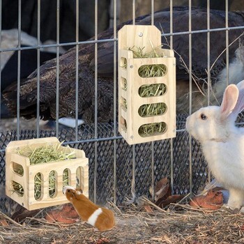 Rabbit Hay Feeder Guinea Rack Bunny Chinchilla Wooden Holder Animal Cage Wood Manger Feeding Wood Bowl for Pet Supplies