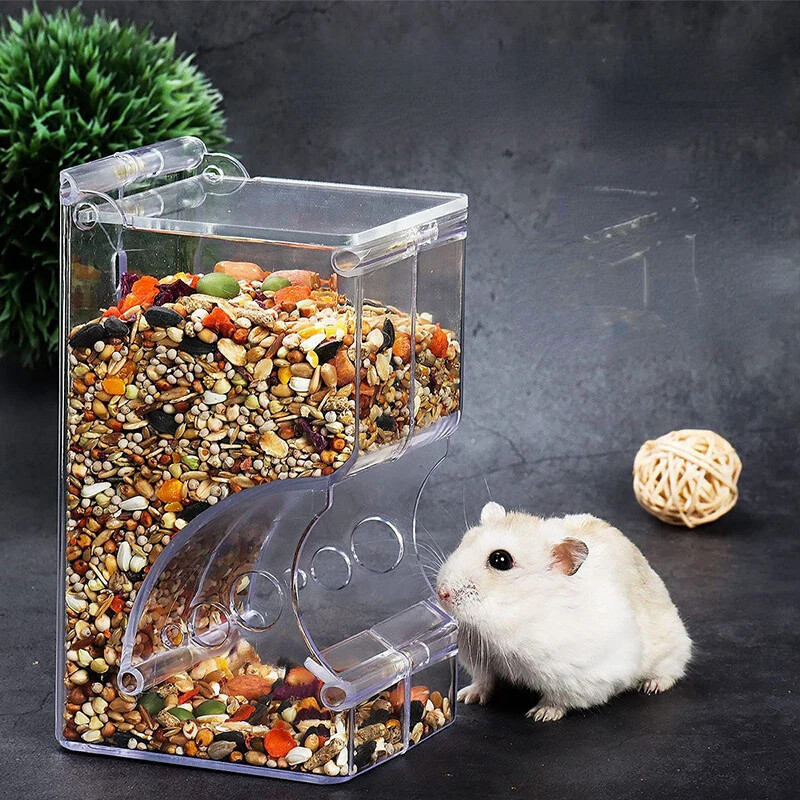 Žiurkėno triušio maisto dalytuvas - plastikinis skaidrus automatinis naminių gyvūnėlių tiektuvas, skirtas žiurkėnų jūrų kiaulytėms maisto dubenėliui
