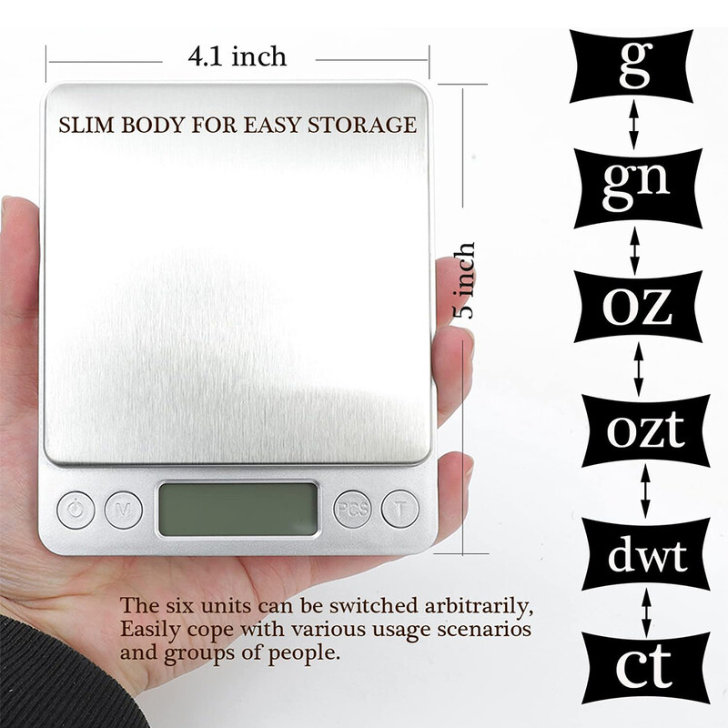 Digitalna kuhinjska vaga za hranu od 3000 g s preciznošću od 0,1 g, mala vaga za nakit, gramska vaga od 6 jedinica s 2 ladice za kuhanje i pečenje