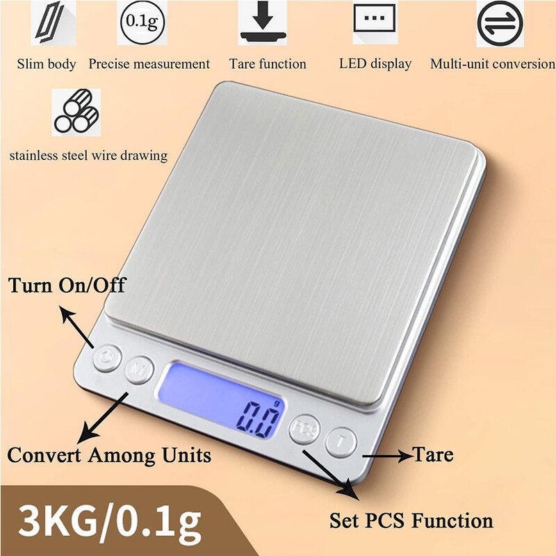 Digitalna kuhinjska vaga za hranu od 3000 g s preciznošću od 0,1 g, mala vaga za nakit, gramska vaga od 6 jedinica s 2 ladice za kuhanje i pečenje