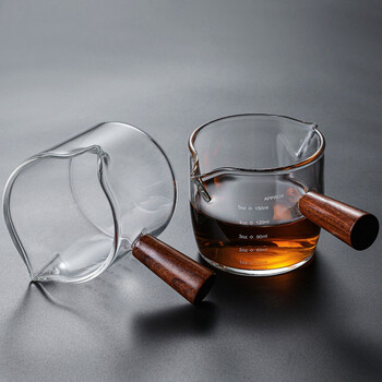 Clear Graduated Glass Measuring Cup Φλιτζάνια διπλού στόματος γάλακτος Κούπα καφέ με ξύλινη λαβή Εργαλείο μέτρησης ζεμάτισμα