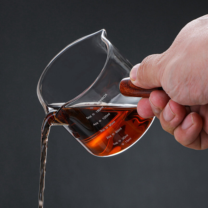 Ceașă de măsurare din sticlă transparentă, cu gura dublă, ceașcă de lapte, ceașcă de cafea cu mâner din lemn, instrument de măsurare pentru izolare la opărire