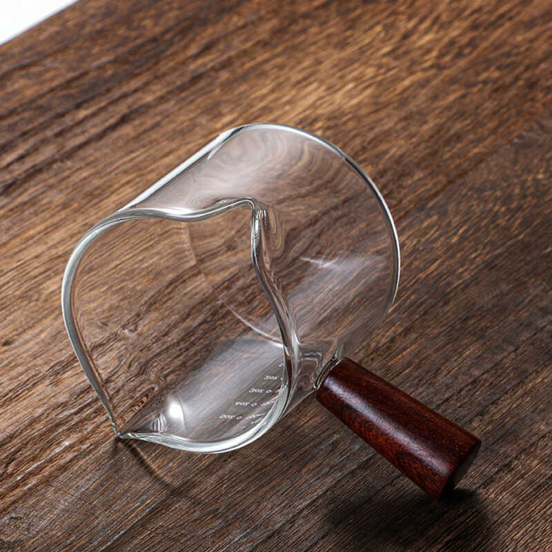 Ceașă de măsurare din sticlă transparentă, cu gura dublă, ceașcă de lapte, ceașcă de cafea cu mâner din lemn, instrument de măsurare pentru izolare la opărire