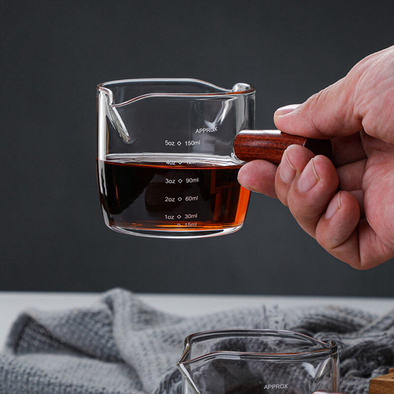 Ceașă de măsurare din sticlă transparentă, cu gura dublă, ceașcă de lapte, ceașcă de cafea cu mâner din lemn, instrument de măsurare pentru izolare la opărire