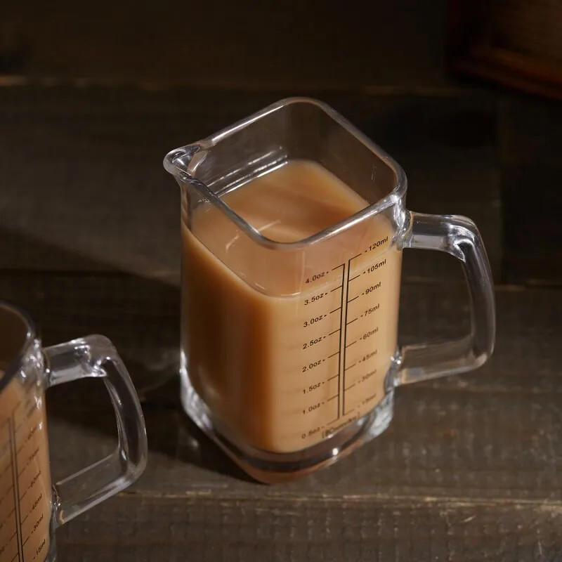 Karščiui atsparus stiklinis matavimo puodelis su rankena Milk Jigger uncijos puodelis Espresso kavos stiklo matavimo puodelis matavimo puodeliai