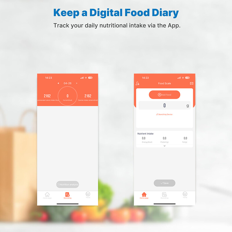 „Food Scale“ virtuvės svarstyklės maisto uncijoms ir gramams Išmaniosios maisto gaminimo kalorijų skalės mitybos analizė su „App Smart Kitchen Tools“