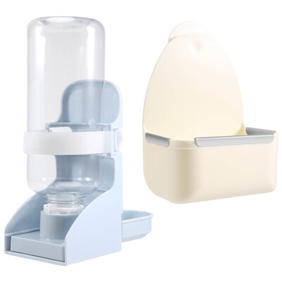 2PCS Rabbit Food Bowl And Water Bottle Hanging Water Automatic Dispenser Small Animal Dish Plastic Cage Feeder (White)