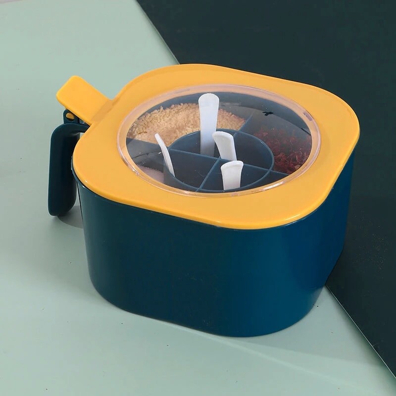 Prieskonių dėžutė su šaukštu Prieskonių indelis 4 viename Kelių skyrių Druskos Pipirų Prieskonių Stiklainiai Puodai Virtuvės Priedai Prieskonių Indelis