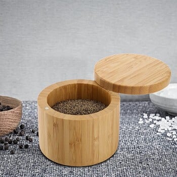 Μπαμπού Salt Cellar Kitchen Salt Box με περιστρεφόμενο μαγνητικό καπάκι στρογγυλό δοχείο αλατιού για αποθήκευση μπαχαρικών πιπεριού