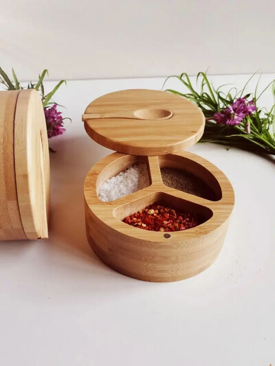 Kuhinjska kutija za sol od bambusa Salt Cellar s okretnim poklopcem s magnetskim zatvaračem Okrugla posuda za sol za pohranjivanje začina za papar
