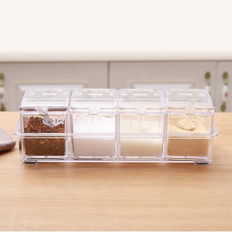 Köögi läbipaistev maitseainekarp 4-kambriline maitseainepurk kaane ja lusikaga soola ja pipra tšillipulbriga