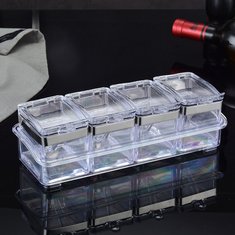 Köök Neljakambriline maitseainekarbi komplekt Läbipaistev vürtsipurgi soola- ja suhkrumaitseaine, lusikakarp