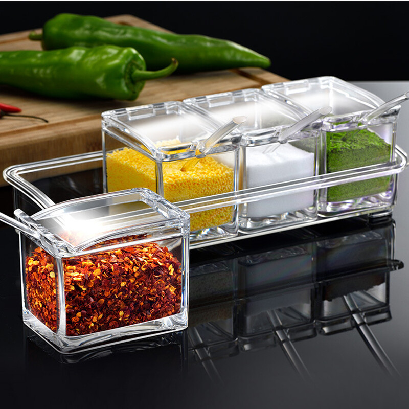 Köök Neljakambriline maitseainekarbi komplekt Läbipaistev vürtsipurgi soola- ja suhkrumaitseaine, lusikakarp