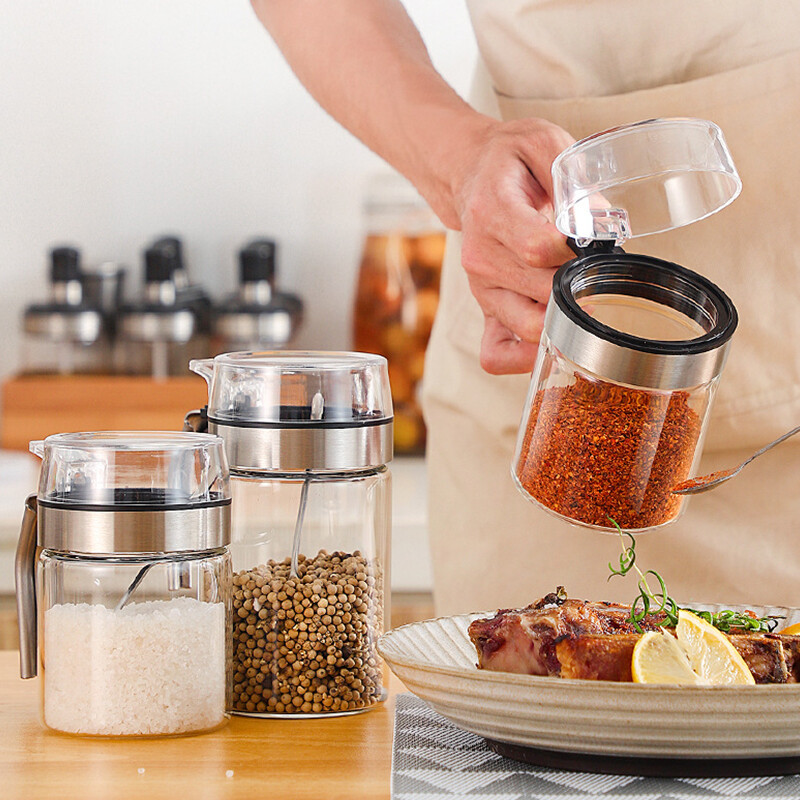 JJTHNCR prieskonių puodas, stiklinis butelis, pagardų laikymo dėžutė, druskos pipirų puodo cukraus kvapioji talpykla su PP dangteliu virtuvės reikmenimis