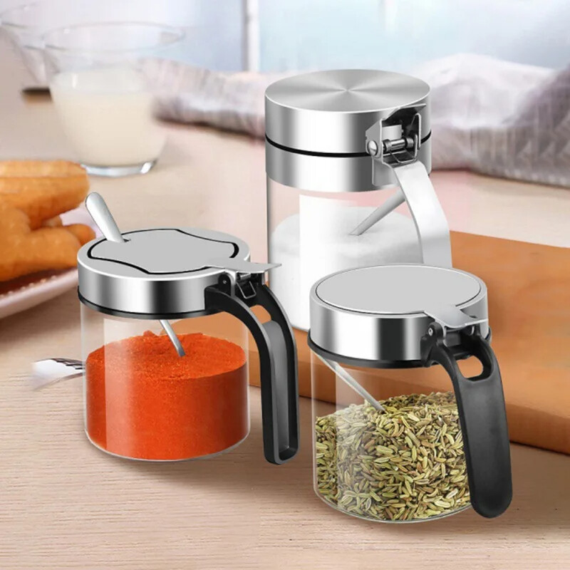 1 tk Klaasist maitseainepurk roostevabast terasest kaanega lusikaga maitseainepudeli soolaloksuti köögitarvikute hoiukomplekt, vürtsikarbid