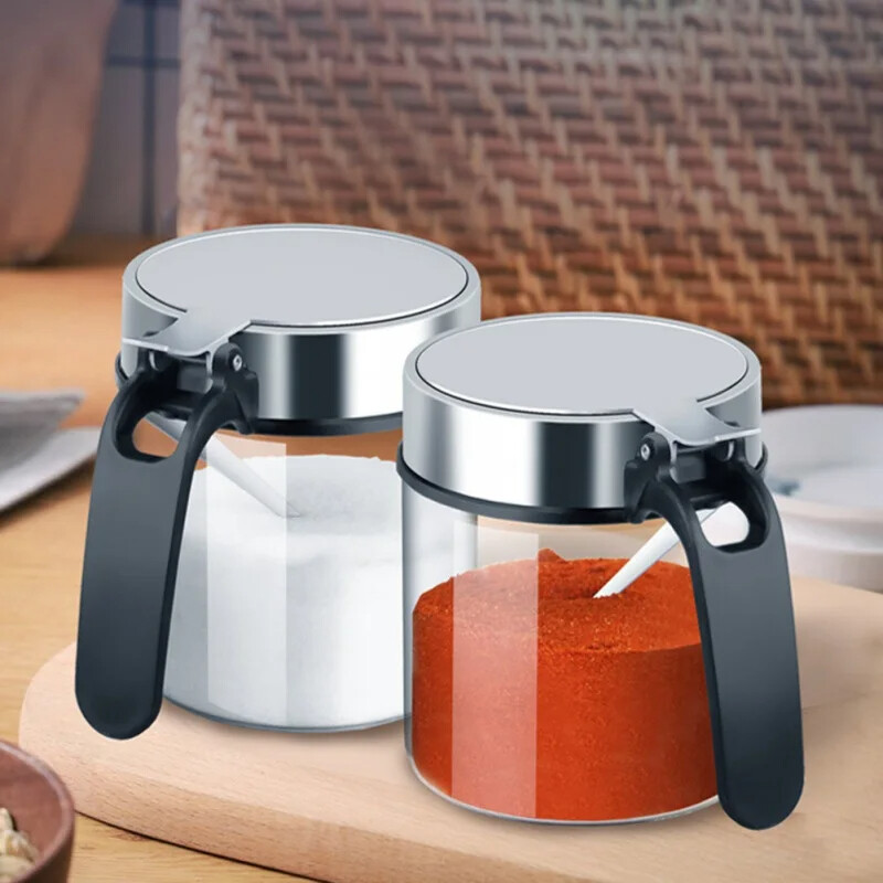 1 tk Klaasist maitseainepurk roostevabast terasest kaanega lusikaga maitseainepudeli soolaloksuti köögitarvikute hoiukomplekt, vürtsikarbid