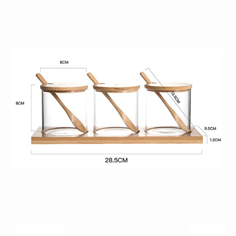 3 tk klaasist maitseainepurkide komplekt puulusika ja hoiualusega, läbipaistev suhkru-soolakonteiner, maitseainete organiseerija köögitööriist