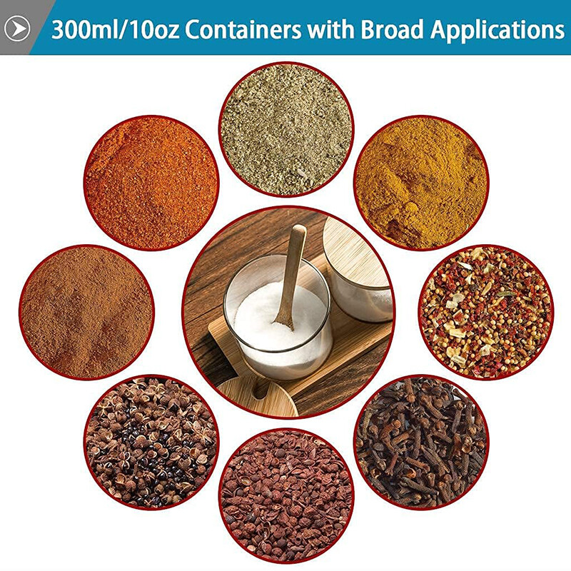 3 tk klaasist maitseainepurkide komplekt puulusika ja hoiualusega, läbipaistev suhkru-soolakonteiner, maitseainete organiseerija köögitööriist