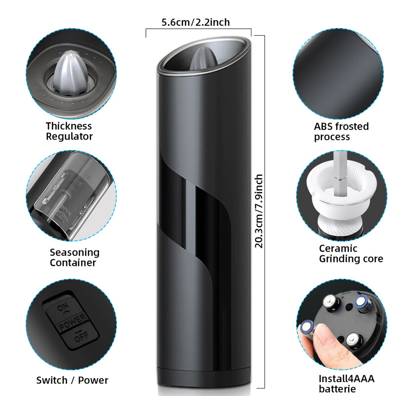 Elektriline soola- või pipraveski, akuga töötav gravitatsiooniga pipraveski valguslülitiga, automaatne pipraveski