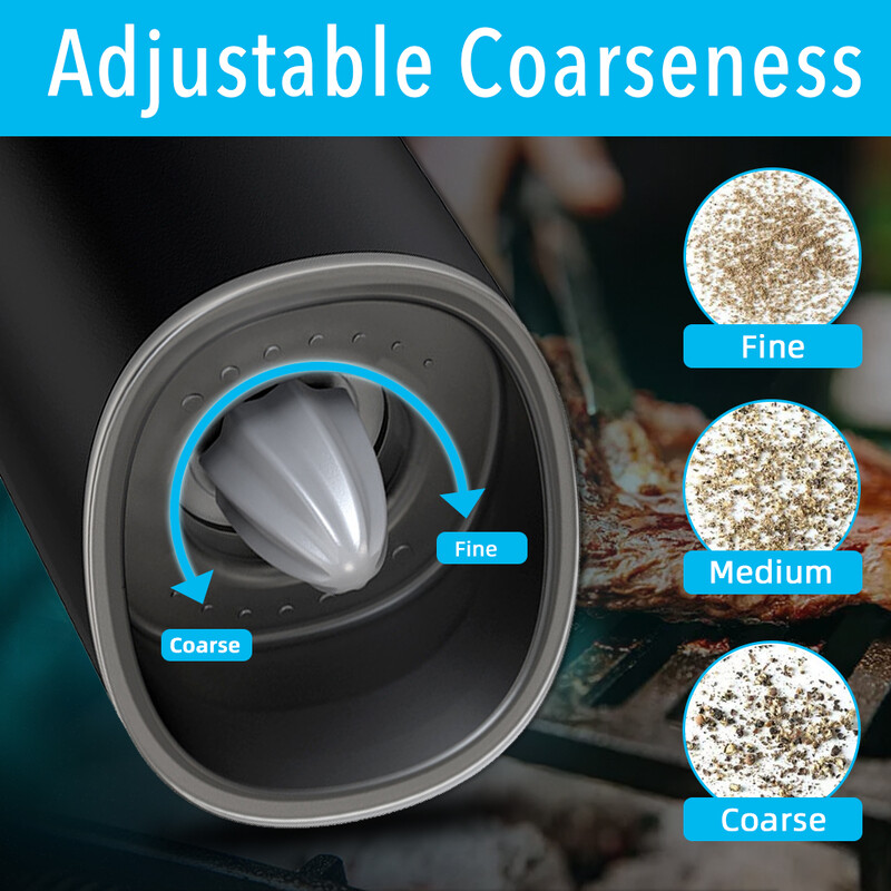 Elektriline soola- või pipraveski, akuga töötav gravitatsiooniga pipraveski valguslülitiga, automaatne pipraveski