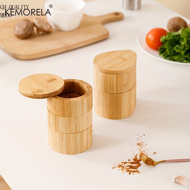 Bambusest soolakast ümmargune bambuspurk soola ja vürtside säilituskonteiner Vürtsimahuti maitseainepurk 3-astmeline bambusest puidust konteiner