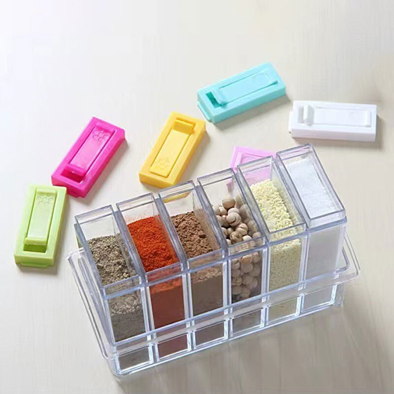 Läbipaistev kuuekambriline maitseainekarp Köögitarbed Sool MSG Pipar Klassifitseeritud säilituskonteiner