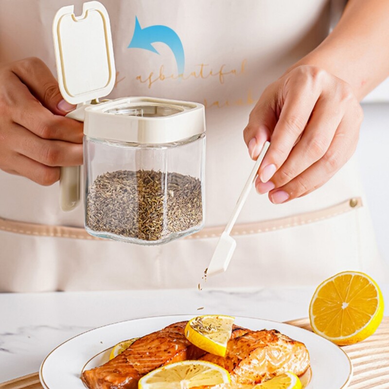 1 τμχ Γυάλινο βάζο καρυκεύματα με κουτάλι Ζάχαρη Μπολ Αλατάκι πιπέρι Μπαχαρικά Δοχείο Εργαλεία κουζίνας Προμήθειες Αποθήκευση Κουτιά μπαχαρικών
