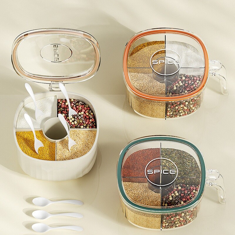 Plastična kutija za začine s 4 pretinca s poklopcem opremljena brtvom za žlicu Otporna na vlagu Sol Papar Spremište začina Kuhinjski alati