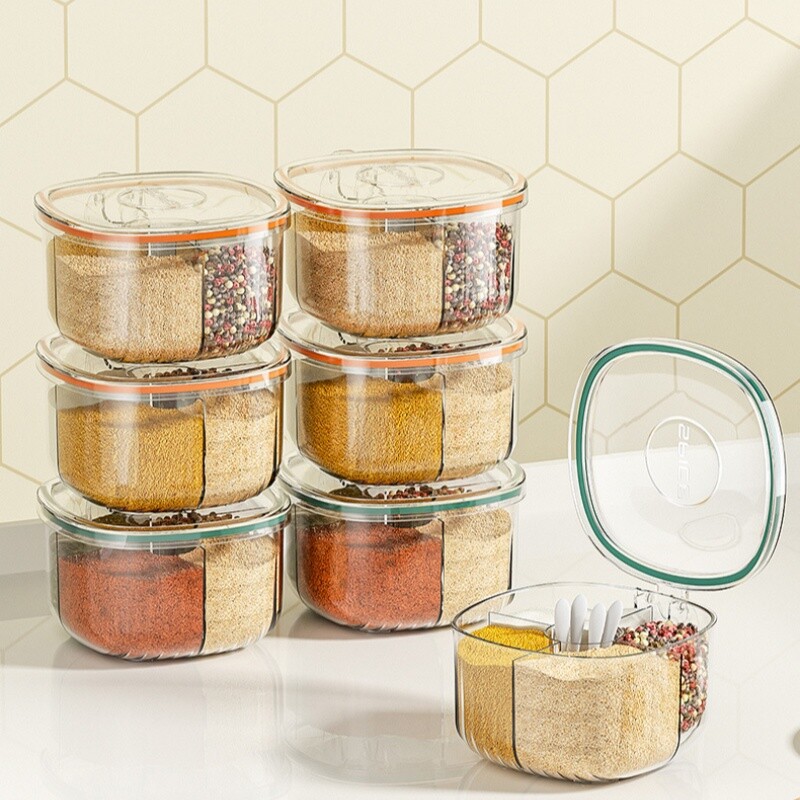 Plastična kutija za začine s 4 pretinca s poklopcem opremljena brtvom za žlicu Otporna na vlagu Sol Papar Spremište začina Kuhinjski alati