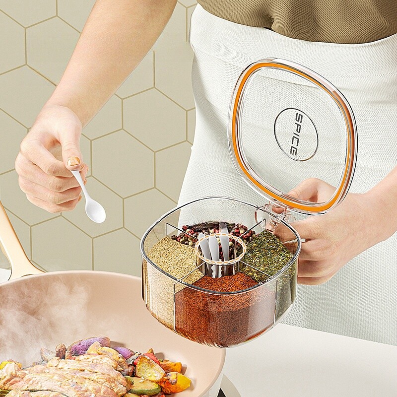 Plastična kutija za začine s 4 pretinca s poklopcem opremljena brtvom za žlicu Otporna na vlagu Sol Papar Spremište začina Kuhinjski alati