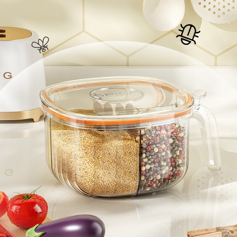 Plastična kutija za začine s 4 pretinca s poklopcem opremljena brtvom za žlicu Otporna na vlagu Sol Papar Spremište začina Kuhinjski alati