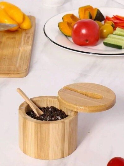 1 γλάστρα από μπαμπού με κουτάλι Μπαμπού κουτί αλατιού με κουτάλι Κουζίνα μπαχαρικών Κουζίνα μαγνητικό περιστρεφόμενο καπάκι μασίφ ξύλο κουτί καρυκευμάτων Ho