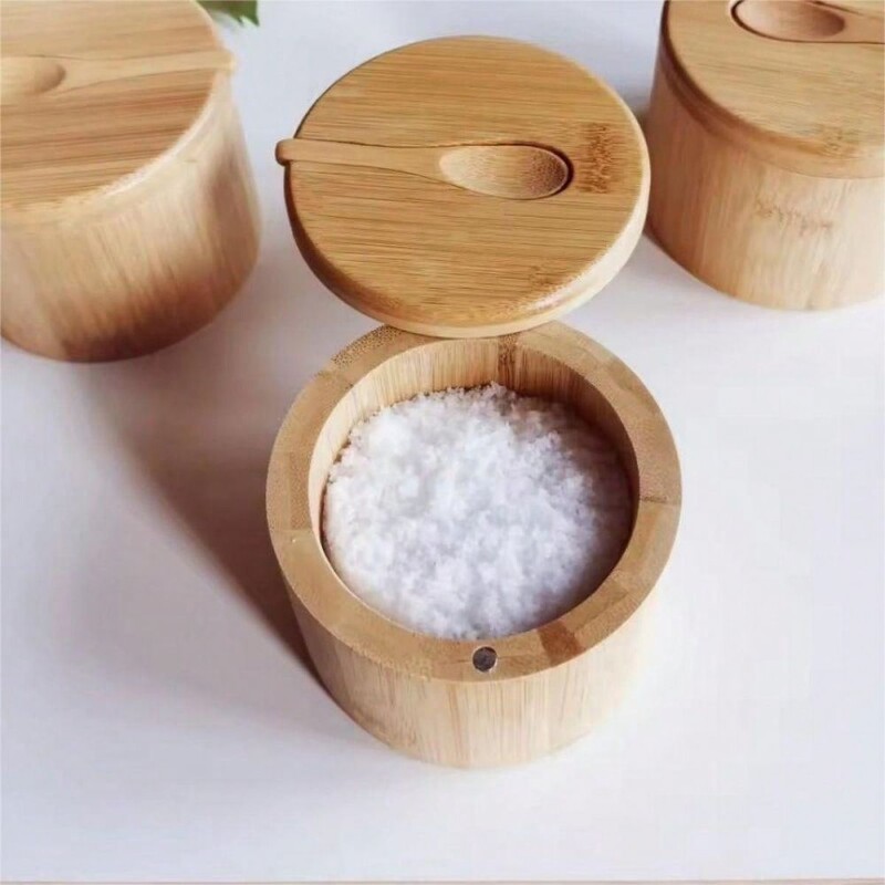 1 γλάστρα από μπαμπού με κουτάλι Μπαμπού κουτί αλατιού με κουτάλι Κουζίνα μπαχαρικών Κουζίνα μαγνητικό περιστρεφόμενο καπάκι μασίφ ξύλο κουτί καρυκευμάτων Ho