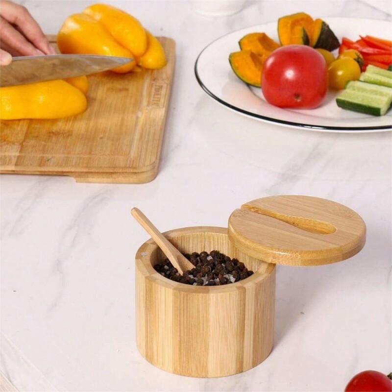 1 γλάστρα από μπαμπού με κουτάλι Μπαμπού κουτί αλατιού με κουτάλι Κουζίνα μπαχαρικών Κουζίνα μαγνητικό περιστρεφόμενο καπάκι μασίφ ξύλο κουτί καρυκευμάτων Ho