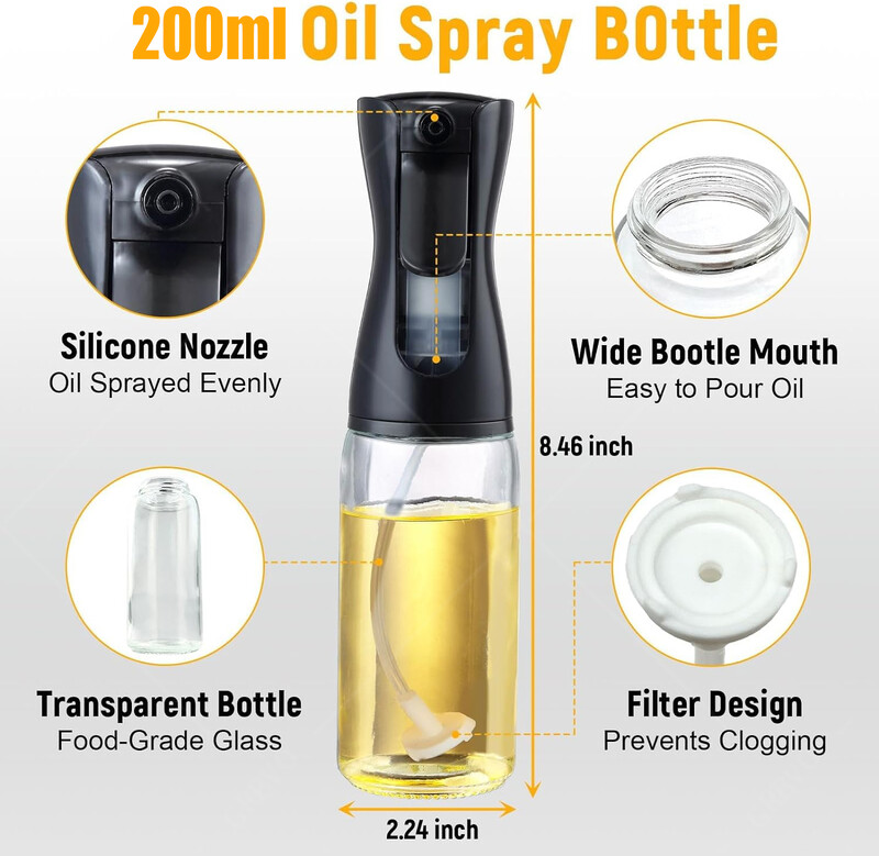 Sticlă de sticlă cu pulverizare pentru ulei, 200 ml, dozator de ulei de măsline, borcan de ulei pentru grătar, oțet de copt, sos de soia, pulverizator, recipiente, gadgeturi de bucătărie