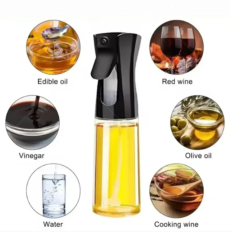 Sticlă de sticlă cu pulverizare pentru ulei, 200 ml, dozator de ulei de măsline, borcan de ulei pentru grătar, oțet de copt, sos de soia, pulverizator, recipiente, gadgeturi de bucătărie