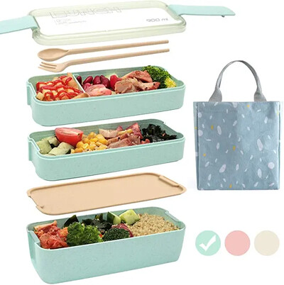 Кутия за обяд от здравословен материал 3-слойна пшенична слама Кутии за бенто Кутия за микровълнова фурна Контейнер за съхранение на храна Кутия за обяд 900 ml